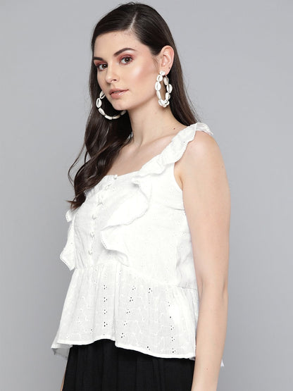Women's White Schiffli Button Peplum Top