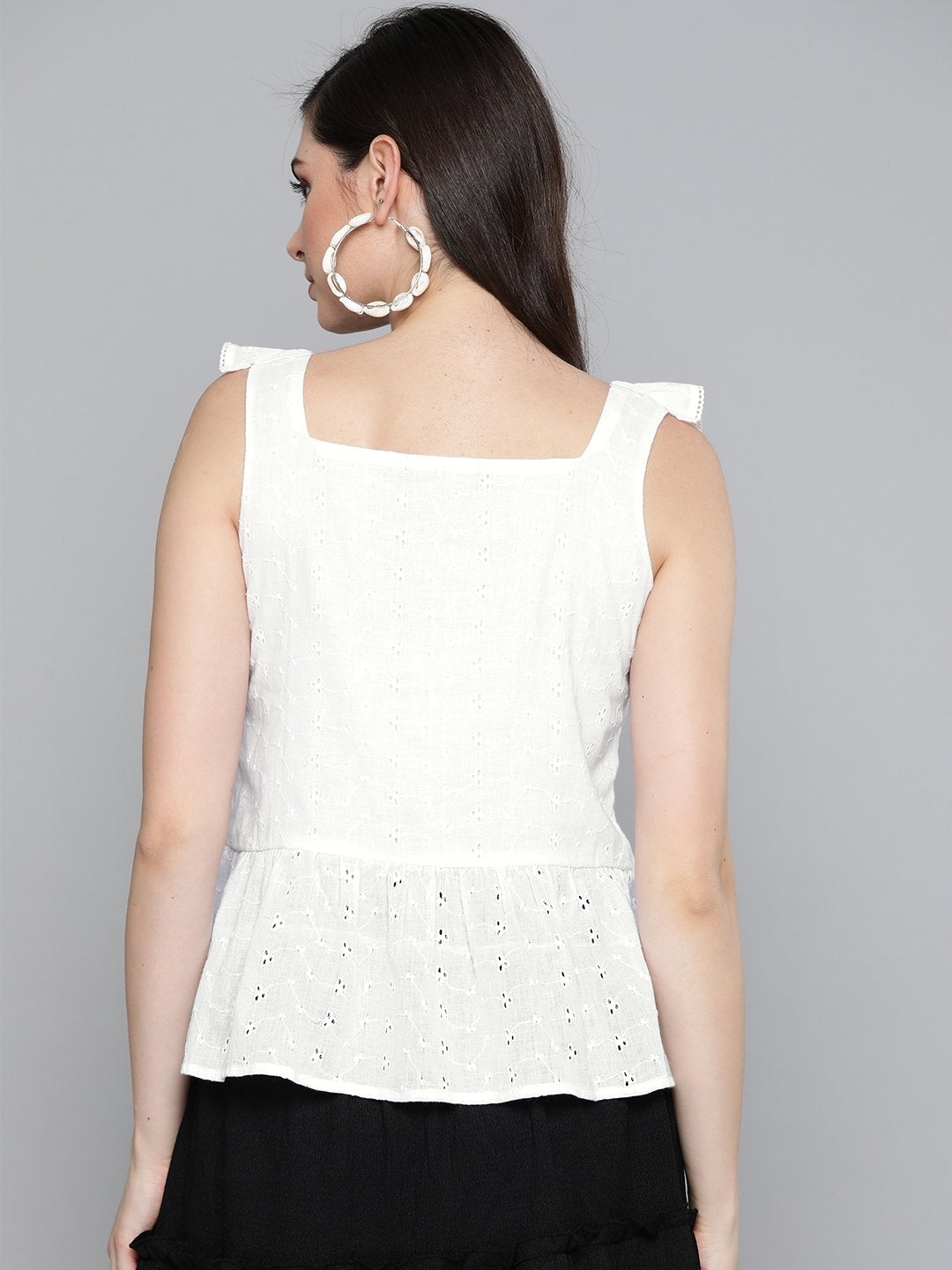 Women's White Schiffli Button Peplum Top