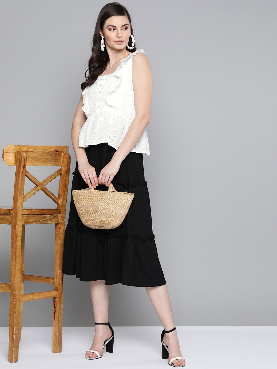 Women's White Schiffli Button Peplum Top