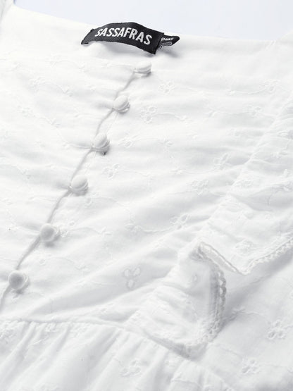 Women's White Schiffli Button Peplum Top