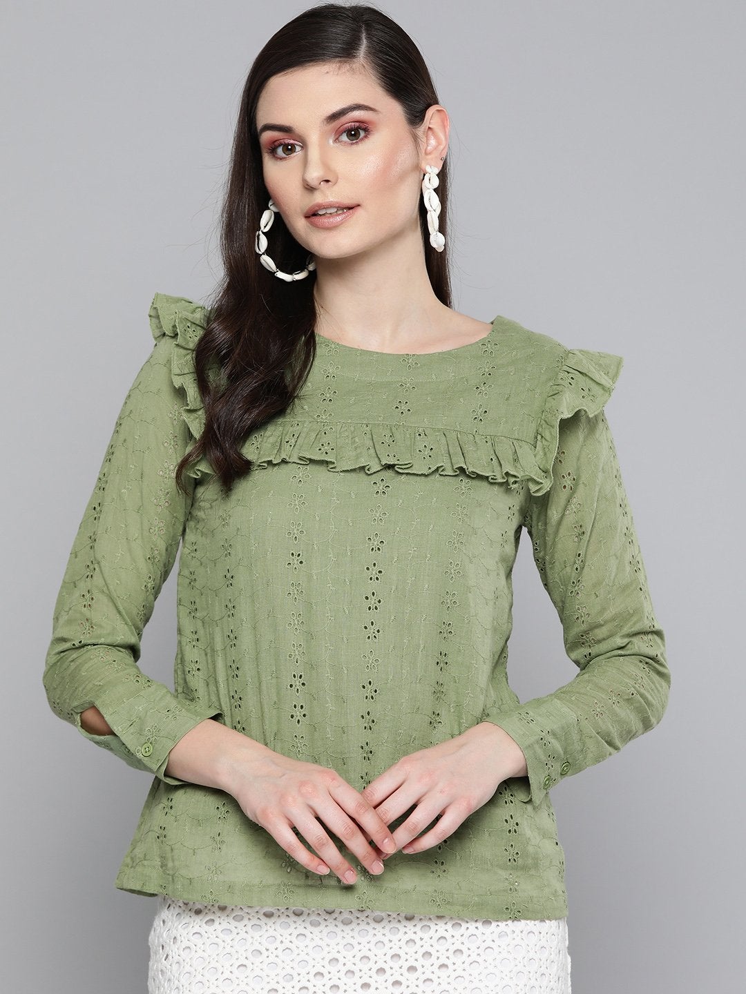 Women's Olive Schiffli Front Yoke Top