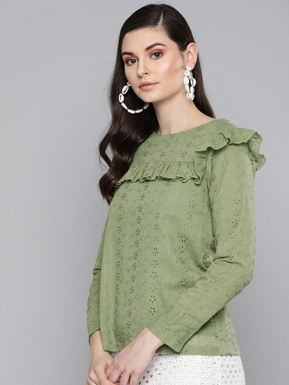 Women's Olive Schiffli Front Yoke Top