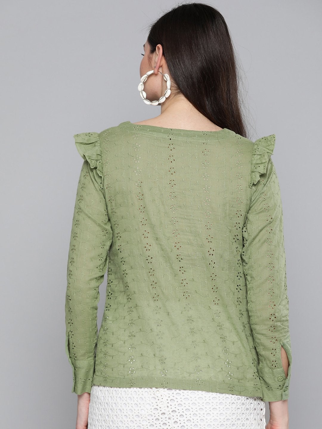 Women's Olive Schiffli Front Yoke Top