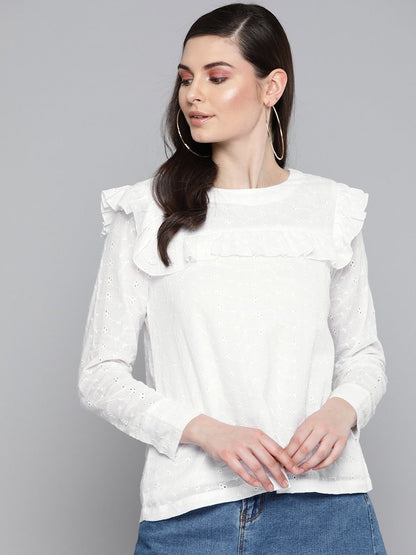 Women's White Schiffli Front Yoke Top