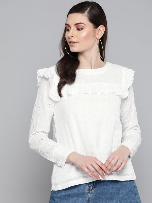 Women's White Schiffli Front Yoke Top
