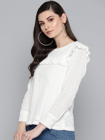 Women's White Schiffli Front Yoke Top