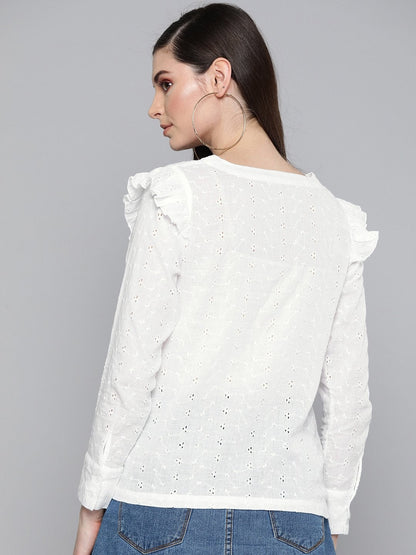 Women's White Schiffli Front Yoke Top