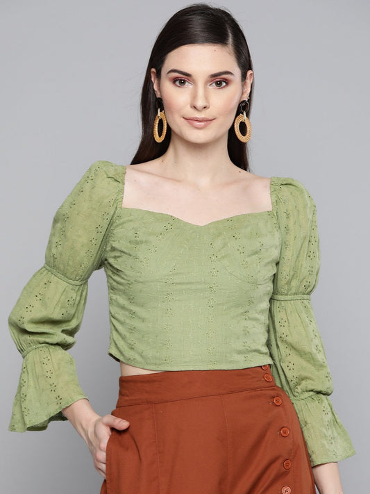 Women's Olive Schiffli Bishop Sleeve Crop Top