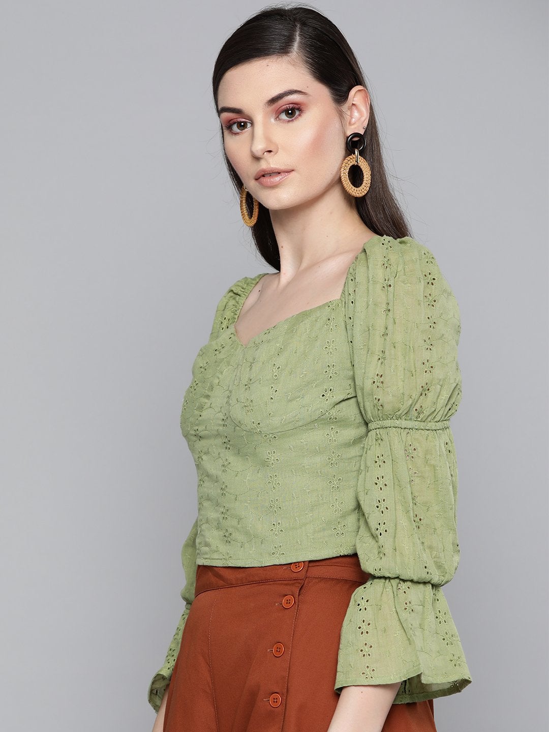 Women's Olive Schiffli Bishop Sleeve Crop Top