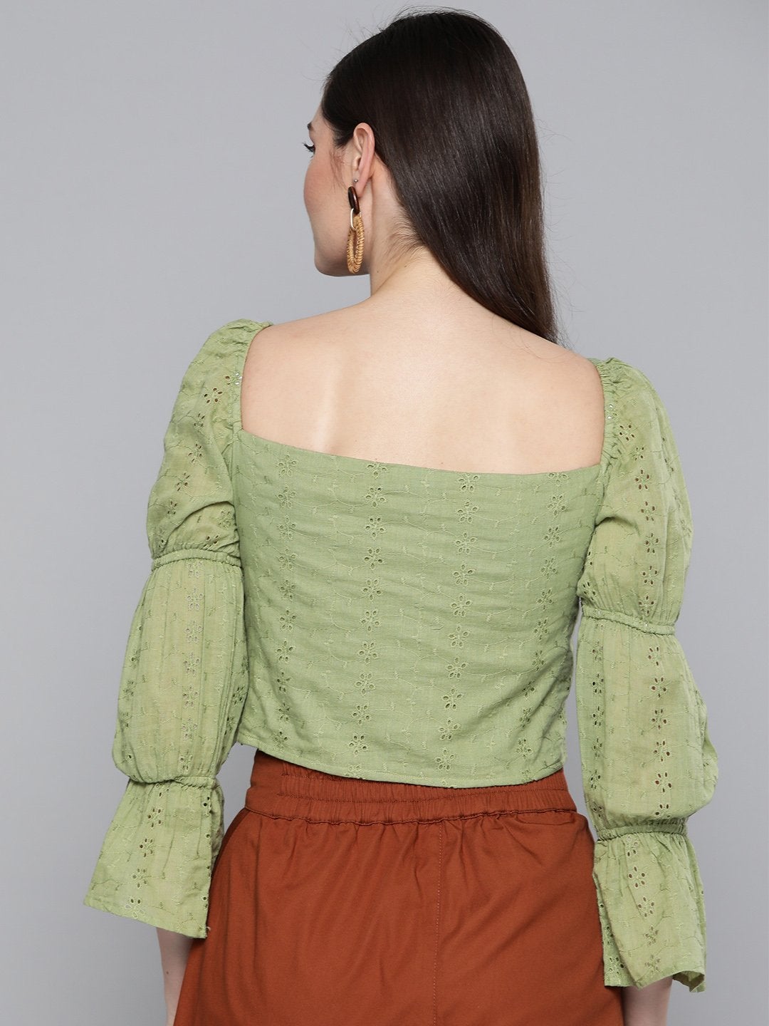 Women's Olive Schiffli Bishop Sleeve Crop Top