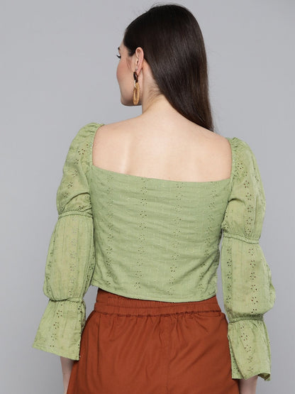 Women's Olive Schiffli Bishop Sleeve Crop Top