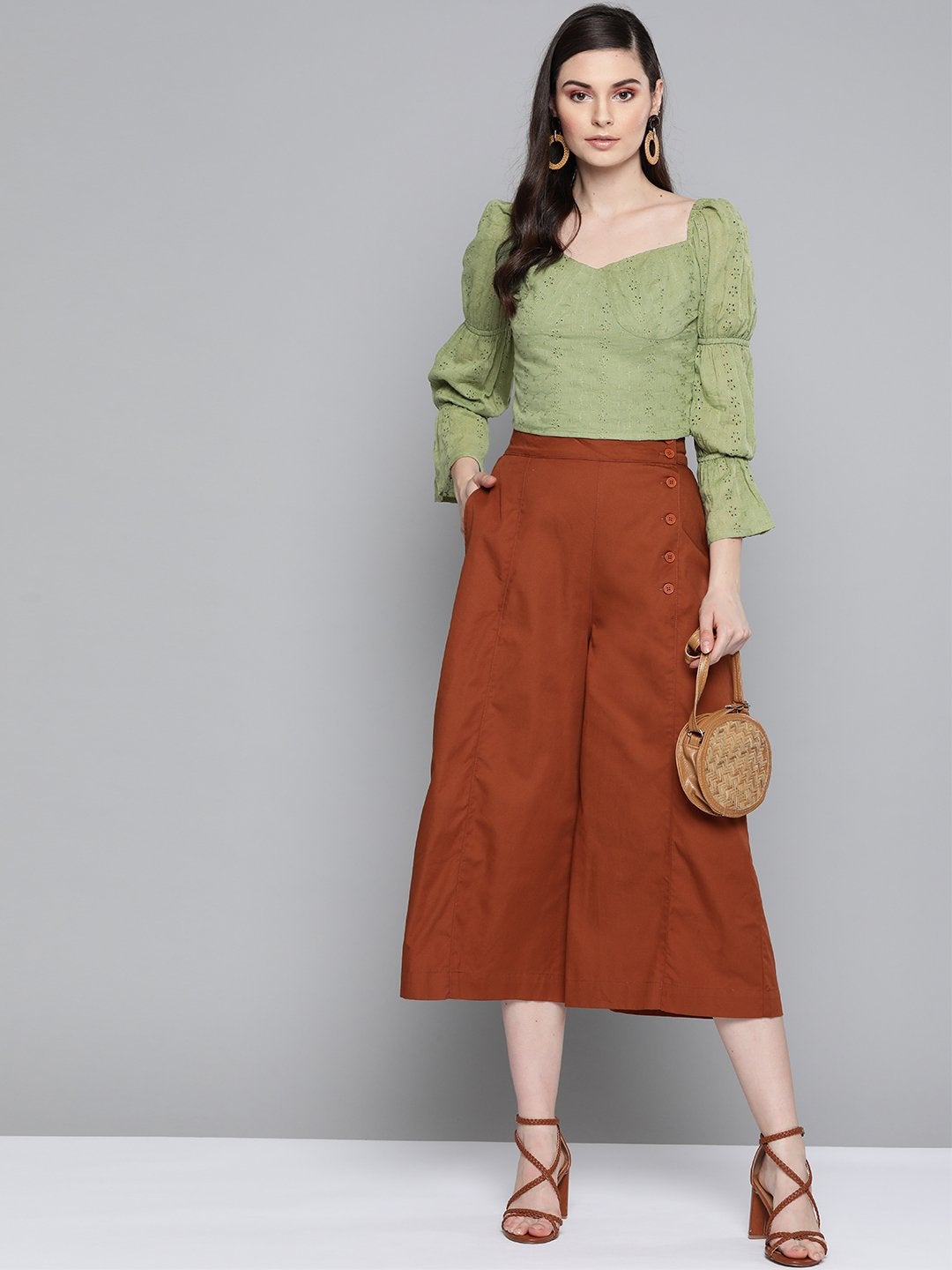 Women's Olive Schiffli Bishop Sleeve Crop Top