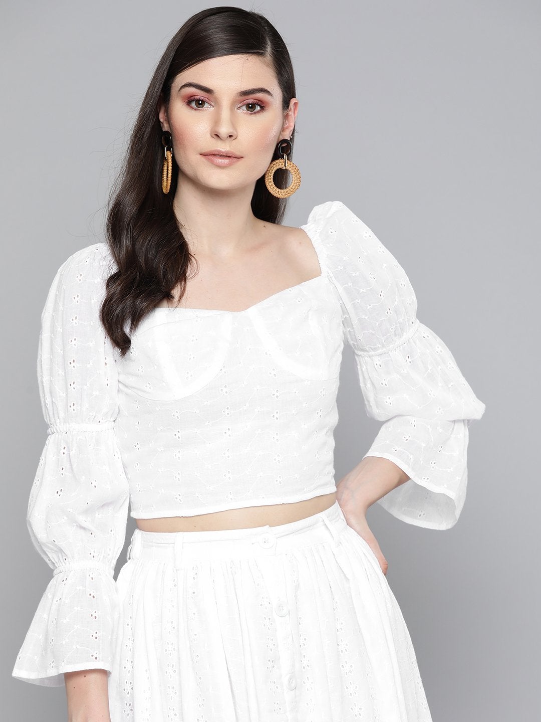 Women's White Schiffli Bishop Sleeve Crop Top