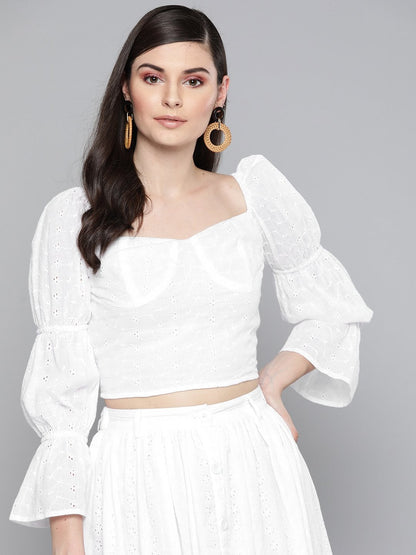 Women's White Schiffli Bishop Sleeve Crop Top