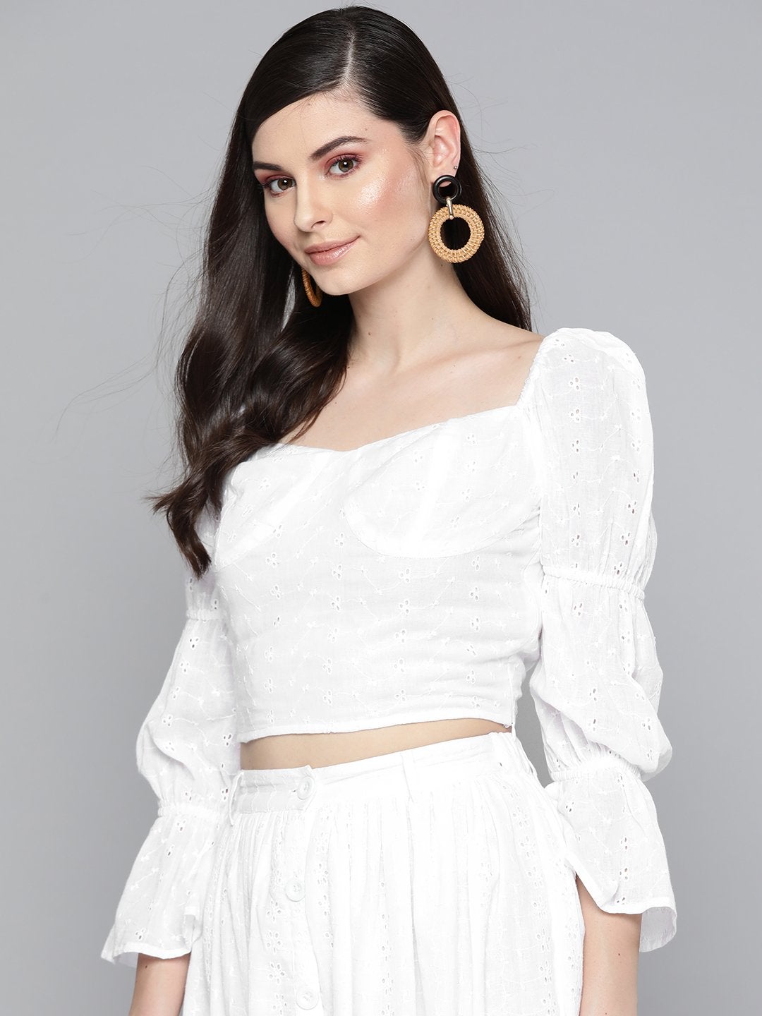 Women's White Schiffli Bishop Sleeve Crop Top