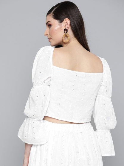 Women's White Schiffli Bishop Sleeve Crop Top