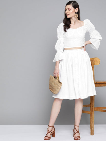 Women's White Schiffli Bishop Sleeve Crop Top