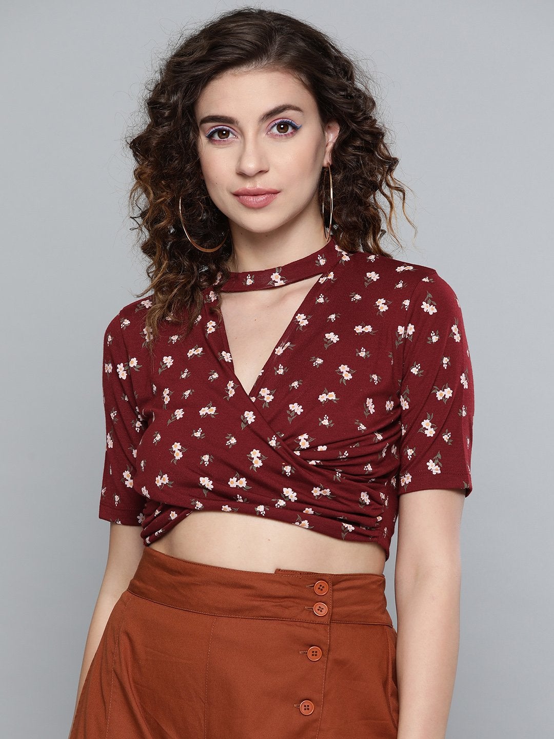 Women's Maroon Floral Choker Neck Wrap Crop Top