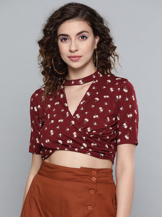 Women's Maroon Floral Choker Neck Wrap Crop Top