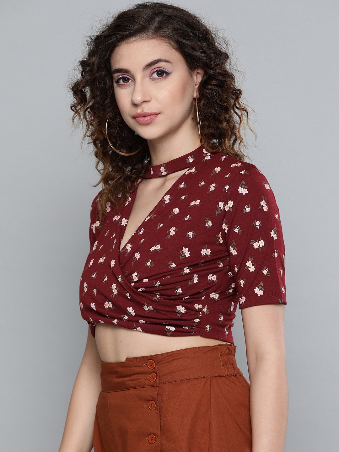Women's Maroon Floral Choker Neck Wrap Crop Top