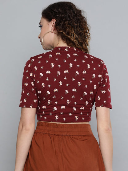 Women's Maroon Floral Choker Neck Wrap Crop Top