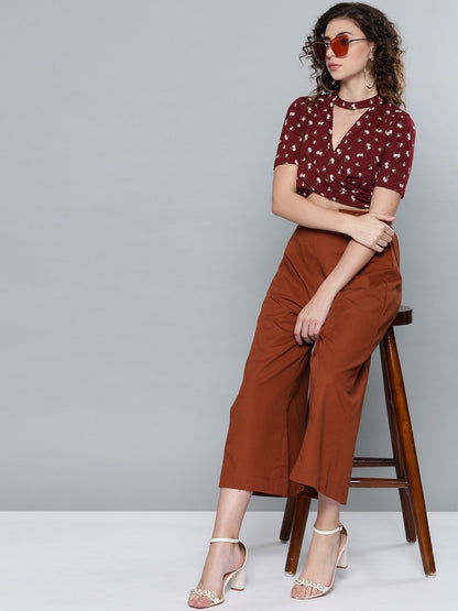 Women's Maroon Floral Choker Neck Wrap Crop Top