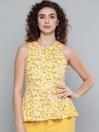 Women's Yellow Ditsy Floral Box Back Peplum Top
