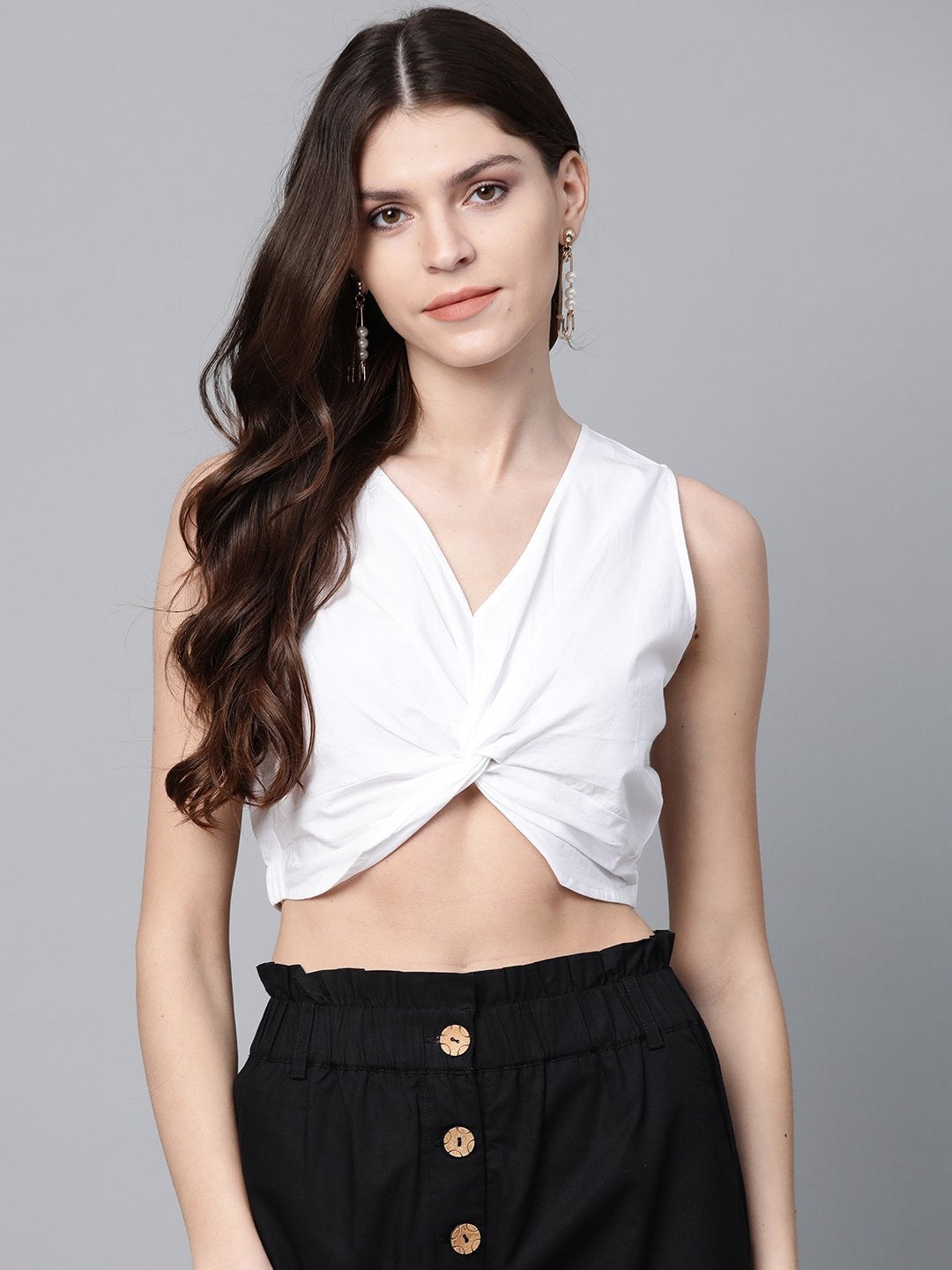 Women's White Poplin Front Knot Crop Top