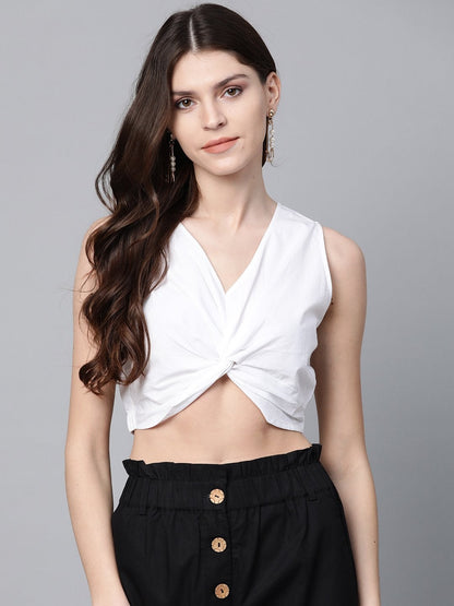 Women's White Poplin Front Knot Crop Top