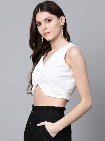 Women's White Poplin Front Knot Crop Top