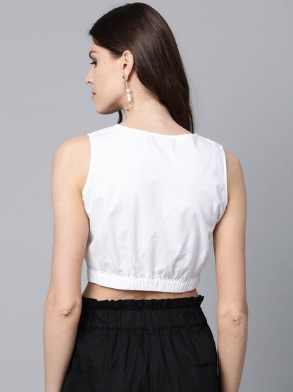 Women's White Poplin Front Knot Crop Top