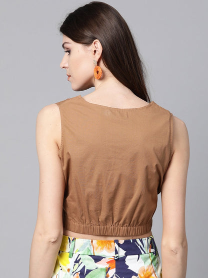 Women's Brown Poplin Front Knot Crop Top
