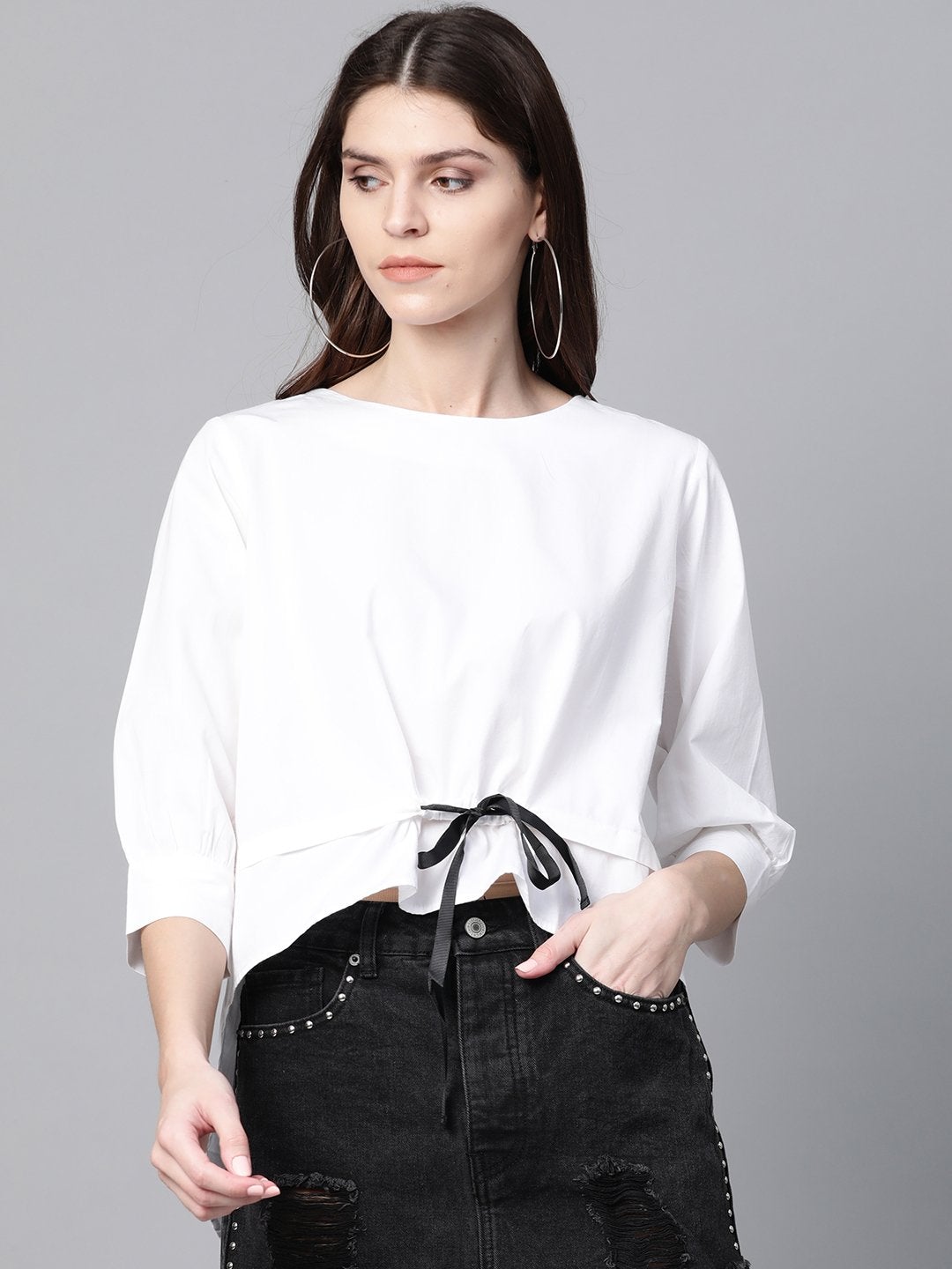 Women's White High Low Tape Detail Boxy Top