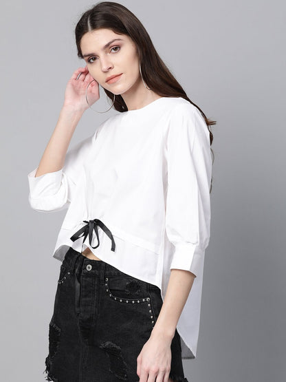 Women's White High Low Tape Detail Boxy Top