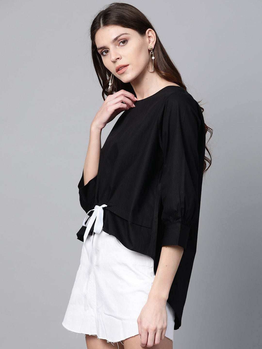 Women's Black High Low Tape Detail Boxy Top