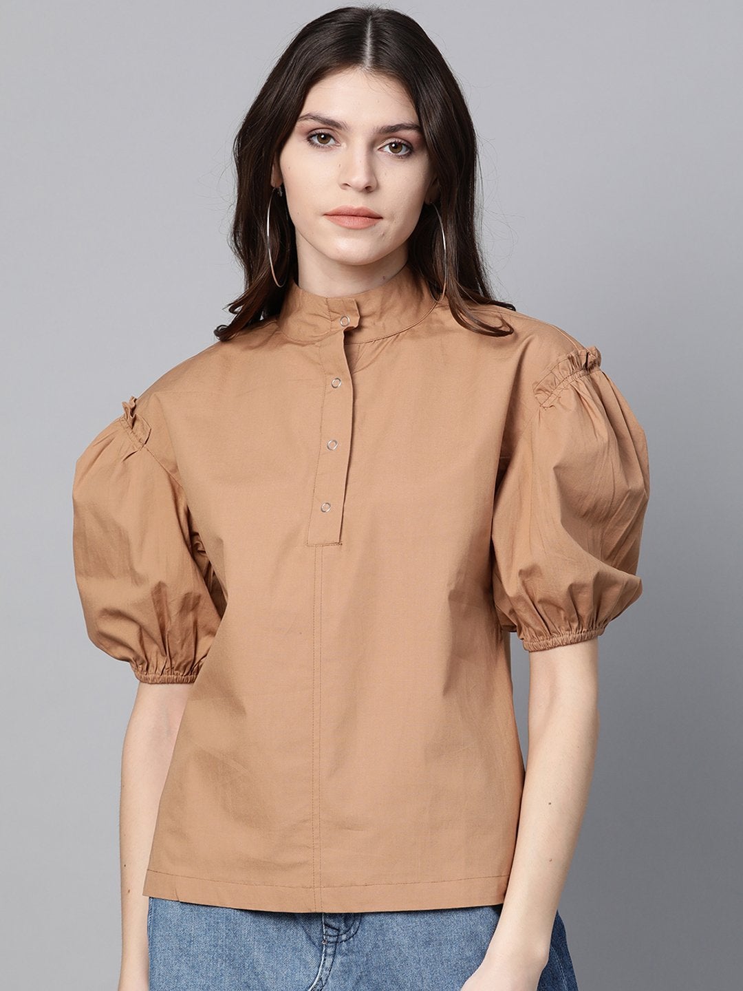 Women's Brown Puff Sleeve Regular Top