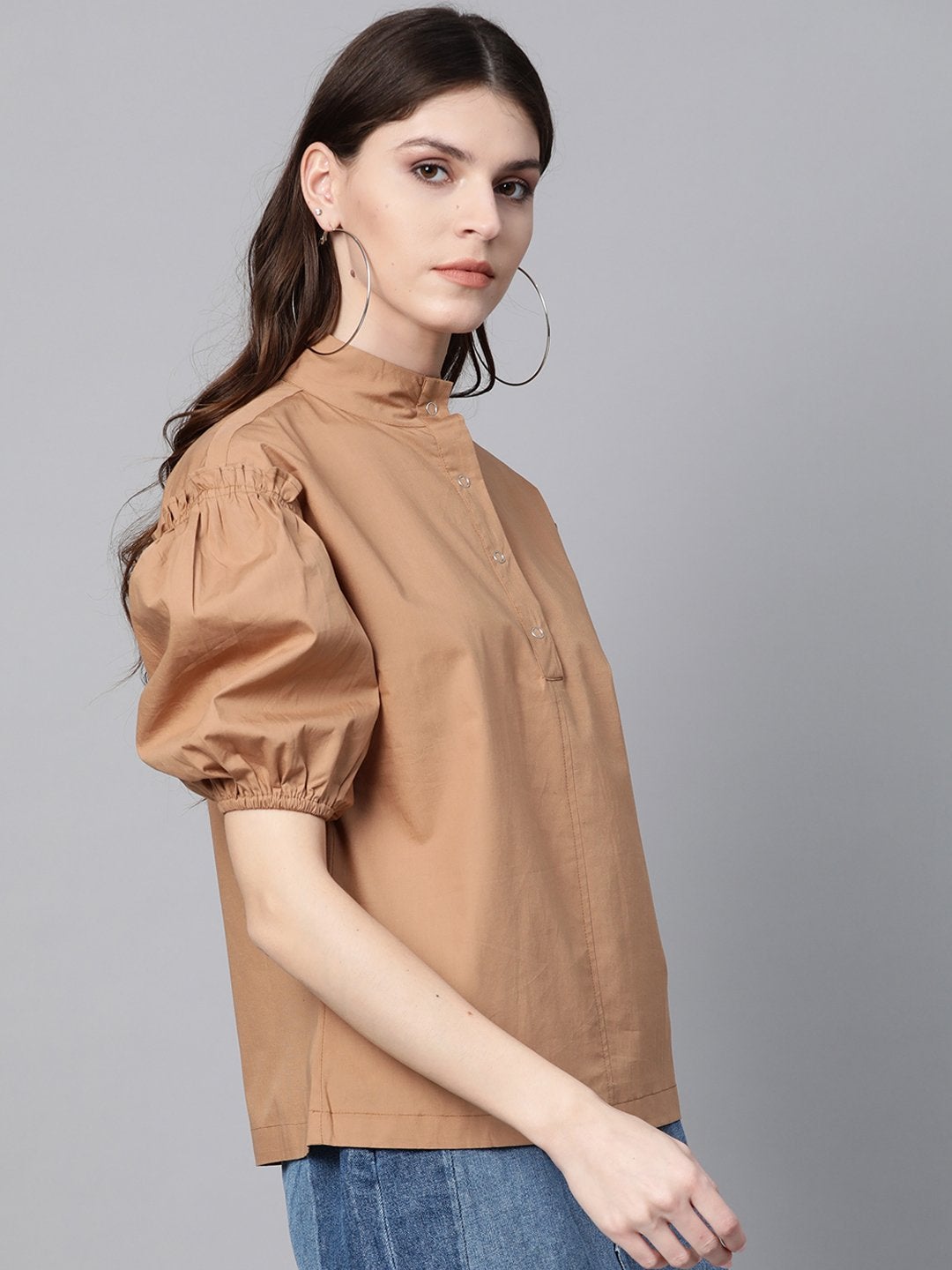 Women's Brown Puff Sleeve Regular Top