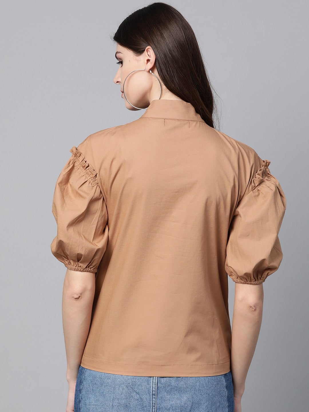 Women's Brown Puff Sleeve Regular Top