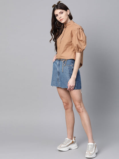 Women's Brown Puff Sleeve Regular Top