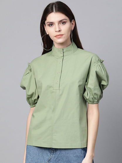 Women's Olive Puff Sleeve Regular Top