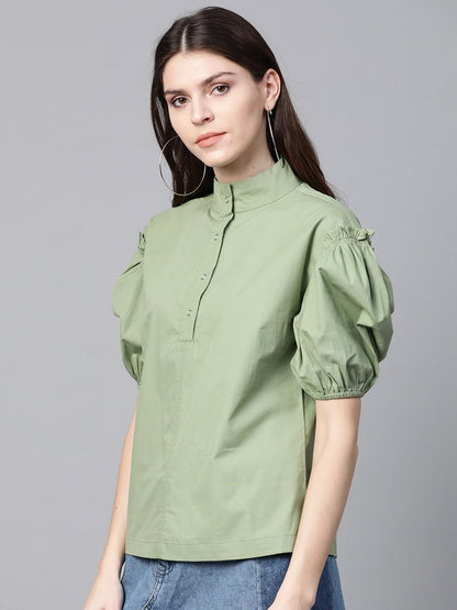 Women's Olive Puff Sleeve Regular Top