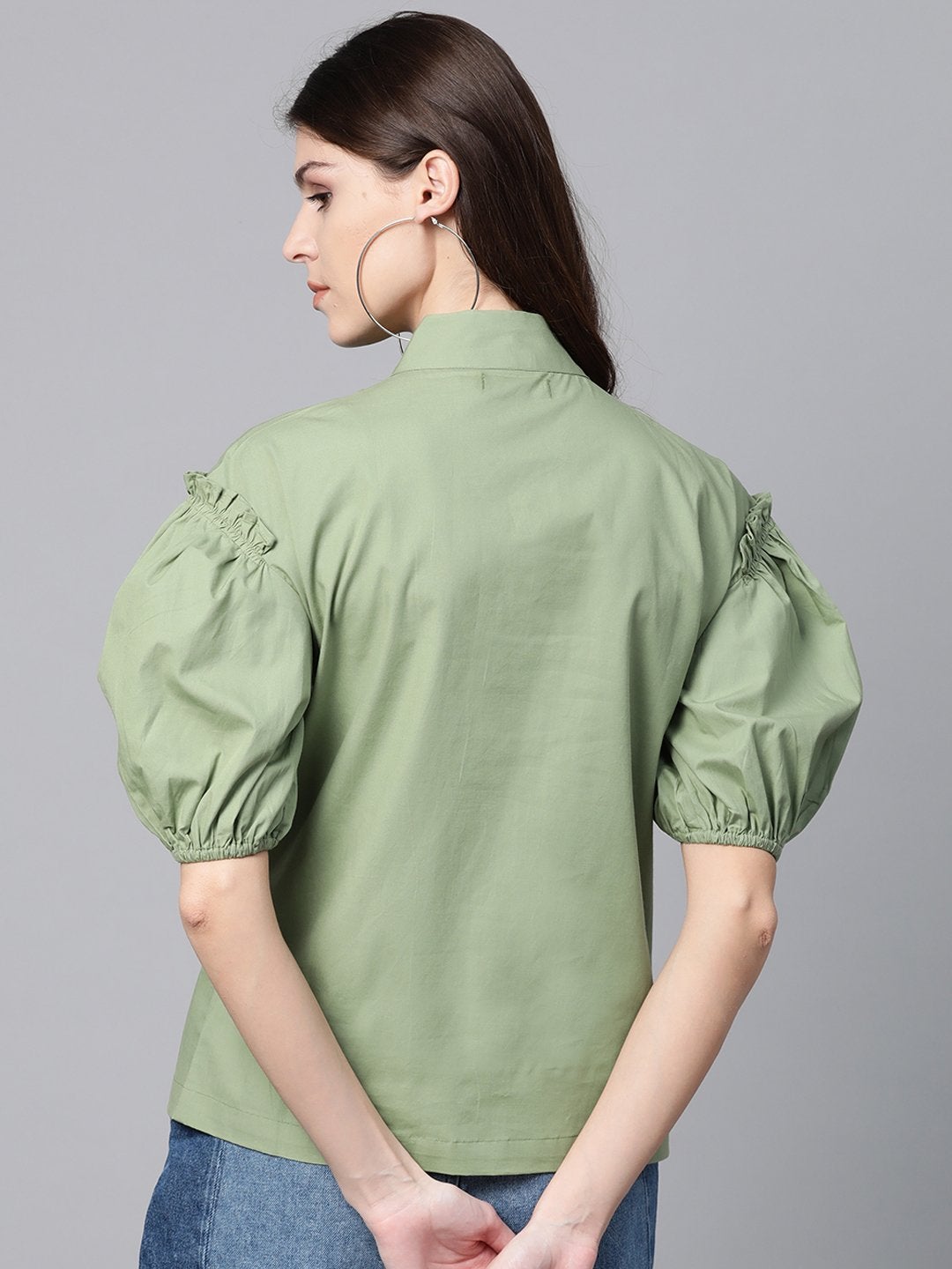 Women's Olive Puff Sleeve Regular Top