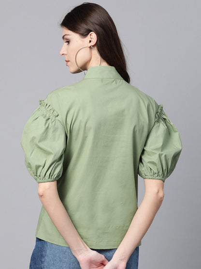 Women's Olive Puff Sleeve Regular Top