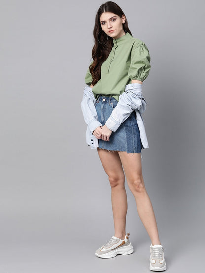 Women's Olive Puff Sleeve Regular Top