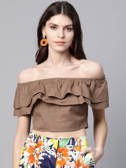 Women's Brown Off Shoulder Layer Crop Top
