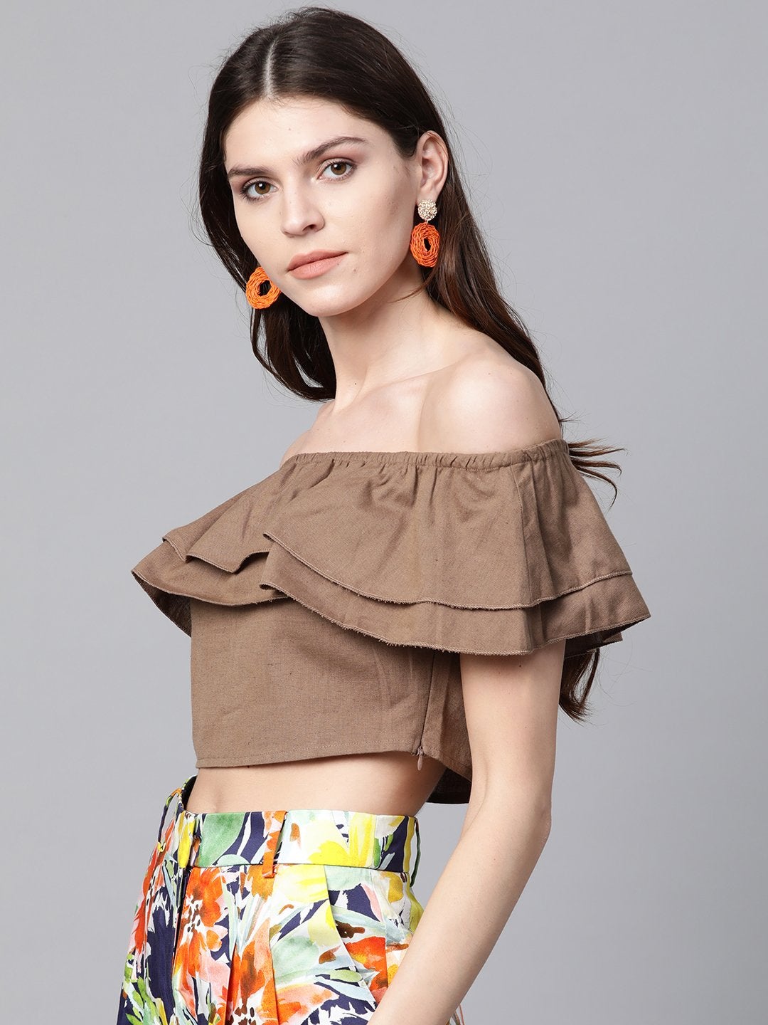 Women's Brown Off Shoulder Layer Crop Top