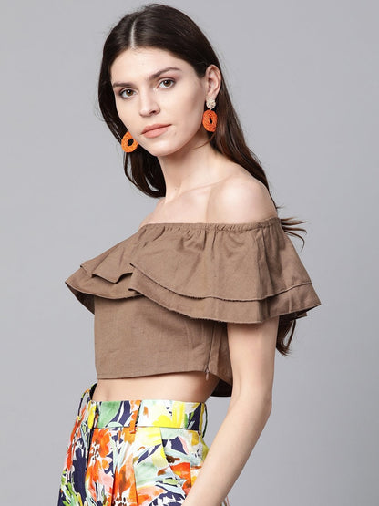 Women's Brown Off Shoulder Layer Crop Top