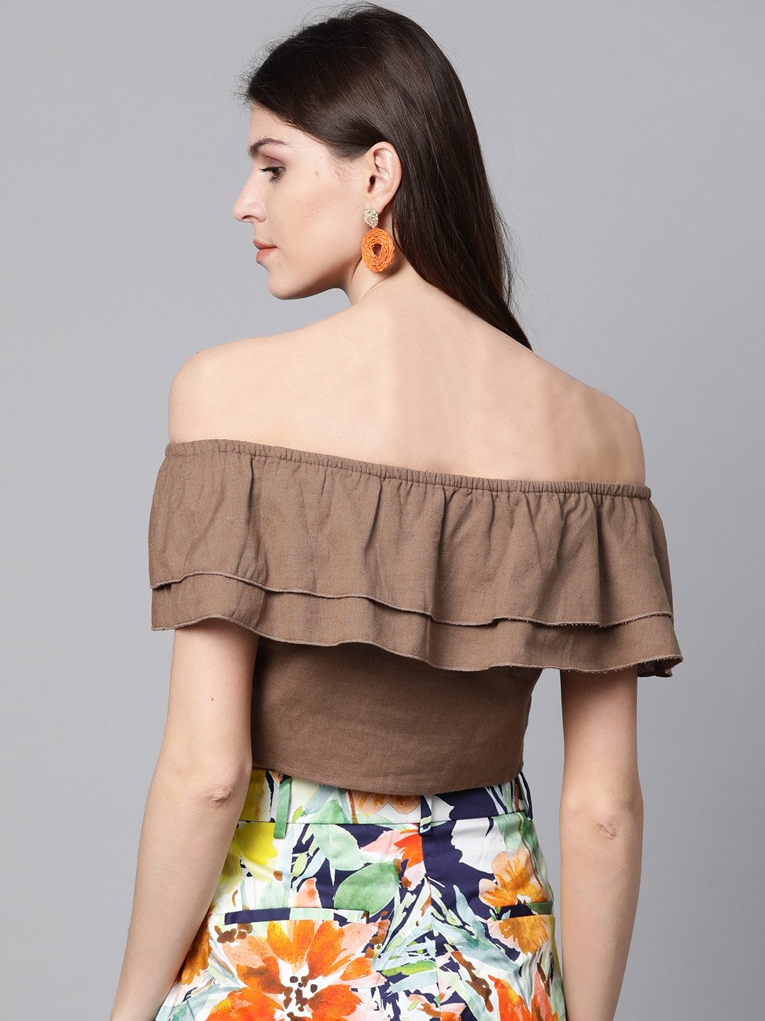 Women's Brown Off Shoulder Layer Crop Top
