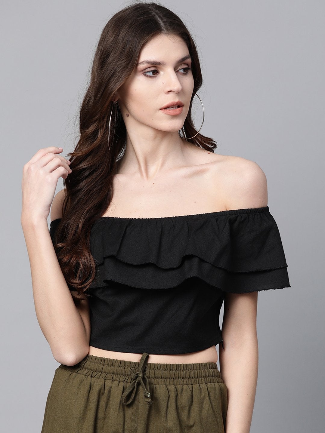 Women's Black Off Shoulder Layer Crop Top
