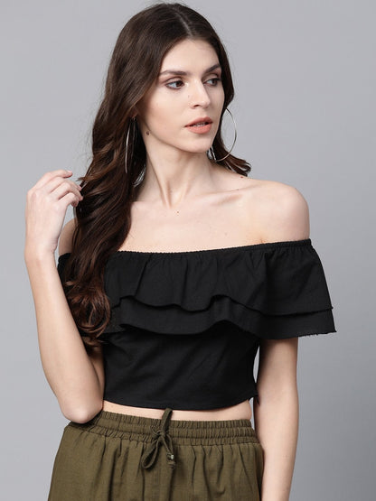 Women's Black Off Shoulder Layer Crop Top